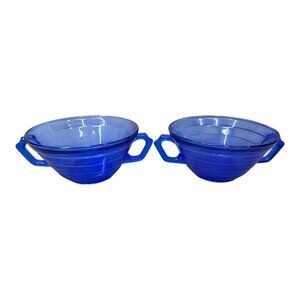 Hazel Atlas Moderntone Cobalt Blue Glass Bowls Cream Soup Double Handles Set O 2